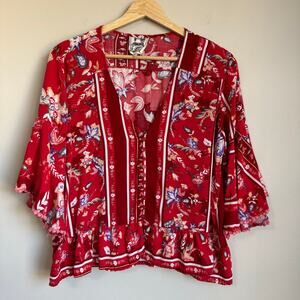 Jaase Boho Floral Top Size M Red Flowy Peplum Blouse Festival Bell Sleeve